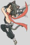  1girl animal_ear_fluff animal_ears arms_up backless_outfit bangs black_hair black_pants brown_footwear cat_ears cat_girl cat_tail closed_mouth commentary_request full_body fuuma_shuriken grey_background holding holding_weapon ike_(altitude_attitude) kurona_(neko_musume_michikusa_nikki) looking_at_viewer neko_musume_michikusa_nikki ninja pants parted_bangs red_scarf scarf shoe_soles simple_background socks solo tail weapon white_socks yellow_eyes 