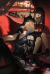  1boy 1girl alcohol armor black_gloves blonde_hair blurry blurry_background bottle cloud_strife couch cup drinking_glass duoj_ji final_fantasy final_fantasy_vii final_fantasy_vii_advent_children gloves head_back highres looking_at_another open_collar pouring_onto_another shoulder_armor single_sleeve sitting sleeveless tifa_lockhart wine wine_bottle 