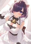  1girl angel_wings azur_lane backlighting bell blush breasts curtains dress elbow_gloves eyelashes feathered_wings frills gloves hair_over_one_eye hair_ribbon hand_up hanging_breasts hat holding holding_thermometer indoors jervis_(azur_lane) large_breasts leaning_forward looking_at_viewer low_wings neck_bell nurse_cap parted_lips purple_eyes purple_hair ribbon short_hair skindentation sleeveless sleeveless_dress solo thermometer white_dress white_gloves white_ribbon window wings wrist_cuffs xe_(execut3r) 