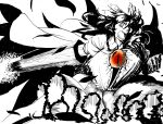  1girl absurdres arm_cannon bird_wings black_hair black_wings bow breasts cape greyscale hair_between_eyes hair_bow highres long_hair looking_at_viewer monochrome open_mouth radiation_symbol reiuji_utsuho simple_background skirt solo third_eye touhou uokin2 weapon white_background white_cape wings 