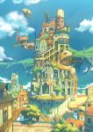  aircraft blue_sky day dirigible kaitan no_humans original outdoors railing scenery sky stairs town windmill 