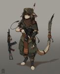  2022 absurd_res accessory anthro assault_rifle brown_body brown_fur brown_hair clothed clothing digitigrade ear_piercing feathers fully_clothed fur furgonomics gun hair hat headgear headwear hi_res jewelry male male_(lore) mammal orang111 piercing ranged_weapon rifle solo standing tail_accessory tail_bracelet tail_jewelry tan_body tan_fur weapon 