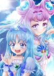  2girls :d arm_up artist_name bangs beads blue_bow blue_choker blue_eyes blue_hair blue_nails blush bow brooch choker closed_mouth cure_la_mer cure_marine day dress eyelash_ornament glint gradient_eyes gradient_hair hands_up heart_brooch heartcatch_precure! highres jewelry kurumi_erika laura_la_mer lens_flare long_eyelashes long_hair looking_at_viewer magical_girl multicolored_eyes multicolored_hair multiple_girls mymo0527 navel outdoors pearl_hair_ornament pink_eyes pink_hair precure puffy_short_sleeves puffy_sleeves red_bow ribbon_choker round_teeth shell_brooch short_sleeves smile teeth tropical-rouge!_precure two_side_up upper_body wavy_hair 