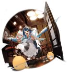  1girl apron artist_request azur_lane blue_hair blue_kimono blue_wings blush chair coffee coffee_cup cup disposable_cup drink dutch_angle frilled_apron frills grey_eyes hakama highres indoors japanese_clothes kimono looking_at_viewer maid maid_apron maid_headdress manjuu_(azur_lane) official_alternate_costume official_art open_mouth plate print_kimono shoes spilling transparent_background tray tripping wa_maid wakatsuki_(azur_lane) wakatsuki_(slapdash_blue_sparrow)_(azur_lane) white_apron wings 