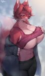  1girl abs absurdres animal_ears blush breasts cleavage commission fang fox_ears fox_girl fox_tail furry furry_female highres huge_breasts navel open_mouth original pants red_eyes red_hair red_tank_top short_hair skeb_commission snout solo suurin_(ksyaro) sweat tail tank_top toned underboob wide_hips yoga_pants 