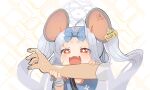  +_+ 1boy 1girl :3 animal_ears bandaged_arm bandages blue_archive blue_bow blush bow ear_tag fang grey_hair hair_bow halo imminent_bite long_hair mouse mouse_ears mouse_girl open_mouth oyatsunokumo red_eyes saya_(blue_archive) sensei_(blue_archive) simple_background sweat two_side_up upper_body 
