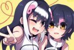  2girls african_penguin_(kemono_friends) animal_costume black_hair highres hikarikmy humboldt_penguin_(kemono_friends) kemono_friends kemono_friends_v_project long_hair looking_at_viewer multicolored_hair multiple_girls one_eye_closed open_mouth penguin_costume pink_hair red_eyes shirt short_hair simple_background sleeveless sleeveless_shirt smile straight_hair virtual_youtuber white_hair yellow_eyes zipper 