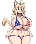  :3 animal_humanoid big_breasts bikini blonde_hair breasts cat_humanoid clothing felid felid_humanoid feline feline_humanoid female hair hi_res huge_breasts humanoid looking_at_viewer mammal mammal_humanoid navel neco-arc nipple_outline red_eyes smile solo stars_and_stripes swimwear thecon thick_thighs united_states_of_america white_body white_skin wide_hips 