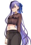  1girl alternate_costume bangs blue_eyes blue_ribbon blush breasts fate/grand_order fate_(series) hair_ornament hair_ribbon kesoshirou long_hair long_sleeves looking_at_viewer meltryllis_(fate) midriff navel parted_lips purple_hair ribbon see-through simple_background small_breasts solo white_background 