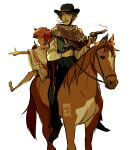  1boy 1girl animal artist_name barefoot black_headwear cigarette cowboy cowboy_bebop cowboy_western edward_wong_hau_pepelu_tivrusky_iv finger_gun gun hat highres horse looking_at_another orange_hair rhymewithrachel smoking spike_spiegel toon_(style) weapon 