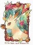  acorn autumn autumn_leaves border brown_eyes closed_mouth commentary_request framed highres kotone11152 leaf leafeon maple_leaf no_humans pokemon pokemon_(creature) solo upper_body white_border 