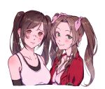  2girls aerith_gainsborough alternate_hairstyle bangs bare_shoulders black_bra black_gloves black_hair blush bra brown_eyes brown_hair chika_i choker collarbone dress earrings elbow_gloves embarrassed final_fantasy final_fantasy_vii final_fantasy_vii_remake flower_choker gloves green_eyes hair_ribbon highres jacket jewelry long_hair looking_at_viewer looking_to_the_side multiple_girls parted_bangs pink_dress pink_ribbon red_jacket ribbon shirt sidelocks sleeveless sleeveless_shirt smile sports_bra sweatdrop swept_bangs tifa_lockhart twintails underwear upper_body wavy_hair white_background white_shirt 