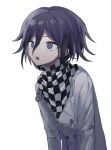  1boy :o bangs checkered_clothes checkered_scarf danganronpa_(series) danganronpa_v3:_killing_harmony flipped_hair grey_jacket hair_between_eyes highres jacket kkochi_(k_dk170) long_sleeves male_focus open_mouth ouma_kokichi purple_eyes scarf shiny shiny_hair simple_background solo teeth upper_body upper_teeth white_background 