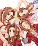 1girl 4girls aerith_gainsborough artist_name bangle bangs bare_arms bracelet braid braided_ponytail breasts brown_hair character_name closed_eyes crisis_core_final_fantasy_vii dress falling_petals final_fantasy final_fantasy_vii final_fantasy_vii_remake green_eyes hair_ribbon happy happy_birthday highres holding_hands jacket jewelry kingdom_hearts kingdom_hearts_ii long_hair looking_at_viewer medium_breasts multiple_girls parted_bangs petals pink_dress pink_ribbon red_jacket ribbon short_sleeves sidelocks smile twitter_username two-tone_dress upper_body variations wavy_hair white_background white_dress yco_030601 