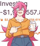  1girl bangs belt blue_pants buttons cellphone collared_shirt commentary english_commentary flat_chest graph hair_between_eyes hands_up highres holding holding_phone long_hair long_sleeves looking_at_viewer meme messy_hair nervous nervous_smile open_mouth orange_shirt original pants phone pink_hair pocket pointing shirt shirt_tucked_in sidelocks smartphone solo standing stonks_(meme) sweat teeth text_background very_long_hair vibrantrida white_eyes 