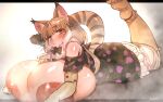  1girl absurdres anchors_(mono_eye_os) animal_ears between_breasts blush breast_rest breasts breasts_out cat_ears cat_girl gigantic_breasts grey_hair heart heart-shaped_pupils highres jungle_cat_(kemono_friends) kemono_friends kemono_friends_v_project large_areolae long_hair looking_at_viewer lying multicolored_hair on_stomach solo symbol-shaped_pupils virtual_youtuber 