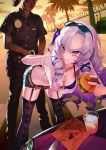  2girls alternate_costume arrest black_bra black_shorts black_thighhighs bra breasts burger chest_tattoo claw_ring closed_mouth collarbone cuffs cup dark-skinned_female dark_skin disposable_cup drill_hair drink drinking_straw evening eyewear_on_head fast_food food garter_straps grand_theft_auto grand_theft_auto_v handcuffs highres holding holding_food hyakumantenbara_salome large_breasts long_hair micro_shorts multiple_girls nijisanji otokoe palm_tree police police_uniform policewoman purple_eyes purple_hair scorpion_tattoo shorts sunglasses sweat tattoo thighhighs tree underwear uniform virtual_youtuber 