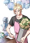  1boy 1girl aerith_gainsborough alternate_costume apron black_shirt blonde_hair blue_eyes braid braided_ponytail chika_i cloud_strife cowboy_shot final_fantasy final_fantasy_vii final_fantasy_vii_remake florist flower hair_ribbon highres holding_vase male_focus pink_apron rag ribbon shirt short_hair short_sleeves spiked_hair t-shirt white_background yellow_flower 