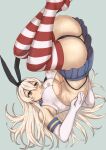  1girl aged_up animal_ears arinotowatari ass blonde_hair blue_skirt breasts closed_mouth detached_sleeves kantai_collection long_hair panties rabbit_ears shimakaze_(kancolle) shirt skirt solo striped striped_thighhighs thighhighs underboob underwear upside-down white_background white_shirt 