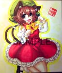  1girl :d animal_ears brown_eyes brown_hair cat_ears cat_tail chen earrings fang hat jewelry multiple_tails nekomata paw_pose sample_watermark single_earring skin_fang smile solo tail tikano touhou traditional_media 