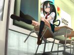  1girl asui_tsuyu boku_no_hero_academia closed_mouth collared_shirt desk from_below green_hair indoors kneehighs long_hair looking_at_viewer necktie night on_chair poster_(object) red_necktie school_desk school_uniform shirt shoes short_sleeves sitting skirt socks solo ushio_shinshia white_shirt 