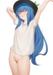  1girl absurdres arm_up bangs black_headwear blue_hair blush bottomless commentary_request cowboy_shot flat_chest hat highres hinanawi_tenshi leaf leaning_to_the_side long_hair looking_at_viewer ni_(221) open_mouth pussy shirt short_sleeves simple_background smile solo touhou uncensored underwear white_background white_shirt 