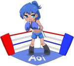 1girl :d absurdres aoi_(amazu) bangs bare_shoulders black_footwear blue_eyes blue_hair blue_shorts boots boxing_gloves boxing_ring breasts chibi commentary fool_iketani highres navel original ponytail short_eyebrows short_shorts shorts simple_background small_breasts smile solo standing symbol-only_commentary thick_eyebrows white_background 