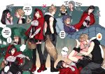  1boy 2girls animal_ears babigonice barefoot basket bed big_bad_wolf_(grimm) big_bad_wolf_(grimm)_(cosplay) black_gloves black_hair black_thighhighs blonde_hair blush breasts cloud_strife cosplay crescent crescent_earrings crescent_moon earrings english_text feet fighting final_fantasy final_fantasy_vii final_fantasy_vii_remake full_body gloves grandmother_(little_red_riding_hood) grandmother_(little_red_riding_hood)_(cosplay) grey_hair heart holding holding_another&#039;s_leg holding_basket jewelry large_breasts little_red_riding_hood little_red_riding_hood_(grimm) little_red_riding_hood_(grimm)_(cosplay) long_hair lying marle moon multiple_girls on_back parody red_footwear red_hood speech_bubble tail text_focus thighhighs tifa_lockhart wolf_ears wolf_tail 