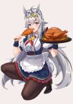  1girl ahoge alternate_costume animal_ears apron black_footwear black_pantyhose blue_eyes breasts chicken_(food) chicken_leg detached_collar enmaided food grey_background grey_hair hair_flaps hairband high_heels highres holding holding_food horse_ears horse_girl horse_tail kneeling large_breasts long_hair looking_at_viewer maid maid_apron maid_headdress neck_ribbon oguri_cap_(umamusume) pantyhose puffy_short_sleeves puffy_sleeves ribbon short_sleeves simple_background tail umamusume vococo white_apron 