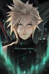  1boy armor blonde_hair blood blood_on_face blue_eyes buster_sword cloud_strife final_fantasy final_fantasy_vii final_fantasy_vii_remake highres looking_at_viewer male_focus meteor nikusenpai portrait short_hair shoulder_armor sleeveless sleeveless_turtleneck solo spiked_hair suspenders turtleneck twitch_username v-shaped_eyebrows weapon weapon_on_back 