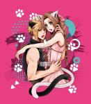  1boy 1girl aerith_gainsborough animal_ears artist_name bangs bare_arms blonde_hair blue_eyes blue_shirt braid braided_ponytail breasts brown_hair buttons cat_day cat_ears cat_tail cloud_strife couple dress fang final_fantasy final_fantasy_vii final_fantasy_vii_remake green_eyes hair_ribbon hand_in_another&#039;s_hair hand_on_another&#039;s_waist hetero highres intertwined_tails kemonomimi_mode long_hair looking_at_viewer medium_breasts open_mouth parted_bangs paw_print paw_print_background pink_background pink_dress pink_ribbon ribbon shirt short_hair sleeveless sleeveless_turtleneck spiked_hair tail turtleneck upper_body wavy_hair yco_030601 
