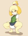  accessory animal_crossing anthro bell blush bottomwear canid canine canis clothing crouching diaper domestic_dog female hair_accessory hair_tie hi_res isabelle_(animal_crossing) mammal nintendo octojo paws skirt smile solo sweater sweater_vest topwear vest video_games 
