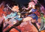  2girls :o absurdres ahoge arm_guards asymmetrical_hair bangs bare_shoulders battle black_bow black_footwear black_scarf blonde_hair blue_eyes blue_kimono bow breasts closed_mouth detached_sleeves dual_wielding earrings fate/grand_order fate_(series) feet_out_of_frame hair_bow hair_ornament haori highres holding japanese_clothes jewelry katana kimono leaf_print long_hair looking_at_another maple_leaf_print miyamoto_musashi_(fate) multiple_girls obi okita_souji_(fate) okita_souji_(koha-ace) open_mouth pink_hair ponytail sash scarf sheath sheathed shinsengumi short_hair short_kimono single_sidelock sleeveless sleeveless_kimono sword thighhighs thighs uniform weapon white_kimono yellow_eyes zuihou_de_miao_pa_si 