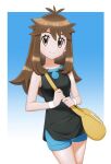  1girl bag bangs black_shirt blue_background blue_shorts border brown_eyes brown_hair closed_mouth commentary_request eyelashes gradient gradient_background green_(pokemon) hair_flaps highres holding_strap ia_(ilwmael9) long_hair looking_at_viewer messenger_bag pokemon pokemon_(game) pokemon_lgpe shirt shorts shoulder_bag sidelocks sleeveless sleeveless_shirt smile solo split_mouth white_border white_wristband wristband yellow_bag 