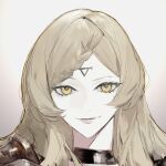  1girl armor blonde_hair braid braided_bangs choker close-up drag-on_dragoon drag-on_dragoon_3 eyelashes facial_mark five_(drag-on_dragoon) forehead_mark huangjin_shizi long_hair looking_at_viewer mole roman_numeral smile solo yellow_eyes 