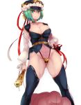  1boy 1girl adapted_costume breasts cleavage defeat detached_sleeves gold_trim green_eyes green_hair hand_on_hip hat highres legs_apart ribbon_trim rod_of_remorse sekiyu_(spartan) shiki_eiki solo_focus standing thighhighs touhou 