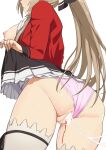  1girl amagi_brilliant_park ass blood blush breasts breasts_out brown_hair censored clothes_lift clothing_aside cum cum_in_pussy defloration head_out_of_frame highres long_hair morisobo mosaic_censoring nipples no_bra panties panties_aside pink_panties ponytail pussy sento_isuzu sideboob simple_background skirt skirt_lift thighhighs underwear very_long_hair white_background 