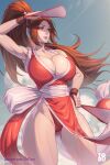  1girl arm_guards arm_up arttoru ass_visible_through_thighs bare_shoulders breasts brown_eyes brown_hair cleavage cloud fatal_fury folded_fan folding_fan from_below hand_fan hand_on_hip high_ponytail highres holding holding_fan large_breasts ninja pelvic_curtain ponytail revealing_clothes rope shiranui_mai the_king_of_fighters wrist_guards 