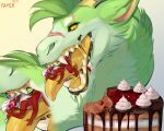  2021 4_arms 5:4 absurd_res anthro black_lips black_sclera blue_eyes bodily_fluids cake dated dessert dragon duo famir_(artist) famir_(character) fangs feral food fur furred_dragon glistening glistening_eyes green_body green_fur hi_res horn in_mouth lips long_neck male mouth_shot multi_arm multi_limb nude open_mouth pink_body pupils red_body saliva saliva_string signature simple_background slit_pupils tongue tongue_out vore yellow_eyes yellow_horn yellow_tongue 