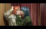  2girls bangs blurry blurry_background caitlyn_(league_of_legends) curtains green_jacket grey_shirt highres hv_0519 indoors jacket kiss kissing_cheek league_of_legends letterboxed long_hair long_sleeves messy_hair multiple_girls red_hair shiny shiny_hair shirt short_hair vi_(league_of_legends) yuri 