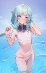  1girl absurdres artist_name bikini blue_hair blue_sky breasts cloud copyright_request day green_eyes highres looking_at_viewer medium_hair ocean outdoors partially_submerged sky small_breasts solo sooon swimsuit wet white_bikini 