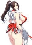  1girl arm_guards ass back breasts brown_eyes brown_hair fatal_fury folding_fan halterneck hand_fan high_ponytail highres large_breasts ninja pelvic_curtain ponytail revealing_clothes rope shiranui_mai sideboob sidelocks the_king_of_fighters white_background zucchini 