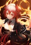  1girl animal_ears arknights bird_ears black_jacket black_skirt breasts bright_pupils collared_shirt cowboy_shot fiammetta_(arknights) fire frown hair_between_eyes highres jacket looking_at_viewer medium_breasts open_clothes open_jacket originium_arts_(arknights) red_eyes red_hair shirt sho_(sumika) skirt sleeves_past_elbows solo walkie-talkie white_pupils white_shirt 