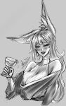  1girl absurdres animal_ear_fluff animal_ears blush breasts cup drinking_glass earrings fox_ears fox_girl greyscale halterneck highres holding holding_cup japanese_clothes jewelry kimono lantern_earrings large_breasts long_hair mole mole_under_eye monochrome nijisanji nijisanji_en nina_kosaka off_shoulder parted_lips single_earring sketch solo upper_body virtual_youtuber wan_k_(atrociousfennec) wine_glass 