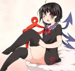  1girl ahoge ass asymmetrical_wings black_dress black_hair dress foot_out_of_frame houjuu_nue nanana_(chicken_union) open_mouth red_eyes simple_background sitting solo thick_thighs thighhighs thighs touhou white_background wings 