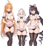  3girls absurdres ahoge animal_ear_fluff animal_ears antenna_hair apron apron_lift arm_garter ass_visible_through_thighs bare_shoulders bikini black_bikini black_choker black_hair black_panties black_thighhighs blue_eyes blush braid breasts cat_ears cat_girl cat_tail choker cleavage closed_mouth commentary_request detached_collar detached_sleeves elf feet_out_of_frame flower frilled_apron frills green_eyes hair_between_eyes hair_flower hair_ornament highres karyl_(princess_connect!) kokkoro_(princess_connect!) komainu_(yamaha1997) large_breasts lifted_by_self long_hair looking_at_viewer maid_apron maid_bikini maid_headdress medium_breasts multicolored_hair multiple_girls navel open_mouth orange_hair panties pecorine_(princess_connect!) pink_eyes pointy_ears princess_connect! ribbon_choker short_hair short_sleeves side-tie_bikini_bottom side-tie_panties simple_background skindentation small_breasts smile stomach streaked_hair string_bikini sweatdrop swimsuit tail thighhighs thighs twintails underwear very_long_hair waist_apron wavy_mouth white_apron white_background white_flower white_hair 