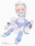  1girl ahoge animal_ears apron backpack bag bandaid bandaid_on_clothes bandaid_on_leg bangs bell between_legs blue_dress blue_eyes blue_hairband blue_mittens blue_socks blush_stickers bottle cake cake_slice cat_ears cat_tail commentary daizu_(melon-lemon) dress extra_ears fake_animal_ears food full_body hair_between_eyes hair_ornament hairband hand_between_legs heart heart_ahoge kneehighs looking_at_viewer loose_socks mittens neck_bell neck_ribbon no_nose orange_hair original parted_lips plate puffy_short_sleeves puffy_sleeves randoseru ribbon shoes short_sleeves sidelocks simple_background sitting socks socks_over_thighhighs solo tail tail_ornament tail_ribbon thighhighs translated twintails v_arms white_apron white_background white_bag white_footwear white_ribbon white_thighhighs x_hair_ornament 