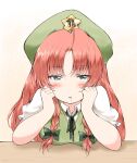  1girl beret braid drooling green_headwear half-closed_eyes hands_on_own_face hat hat_ornament head_rest hong_meiling long_hair looking_at_viewer nanana_(chicken_union) red_hair solo star_(symbol) star_hat_ornament touhou twin_braids 