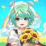  1girl :d anotherred antennae black_cape blush cape chinese_commentary cloud collared_shirt commentary_request day eyes_visible_through_hair falling_petals field flower flower_field green_eyes green_hair hair_between_eyes happy heart highres looking_at_viewer lower_teeth open_mouth petals puffy_short_sleeves puffy_sleeves rainbow red_cape shirt short_hair short_sleeves sky smile solo sunflower teeth touhou two-sided_cape two-sided_fabric upper_body white_shirt wriggle_nightbug yellow_flower 