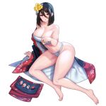  1girl ass bangs barefoot black_hair black_kimono blush breasts c.honey chest_sarashi collarbone feet floral_print flower food full_body fundoshi game_cg groin_tendon hair_between_eyes hair_flower hair_ornament highres holding holding_food japanese_clothes kimono kunoichi_kaen large_breasts last_origin looking_at_viewer medium_hair navel official_alternate_costume official_art parted_lips plate red_eyes red_kimono sarashi sitting smile solo sushi transparent_background yellow_flower 